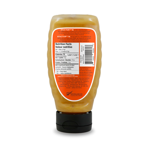 Raw Monofloral Manuka Honey KFactor 16, 340g Squeeze Bottle