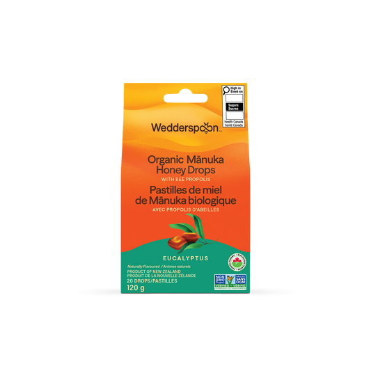 Wedderspoon Organic Manuka Honey Drops packaging on a white background