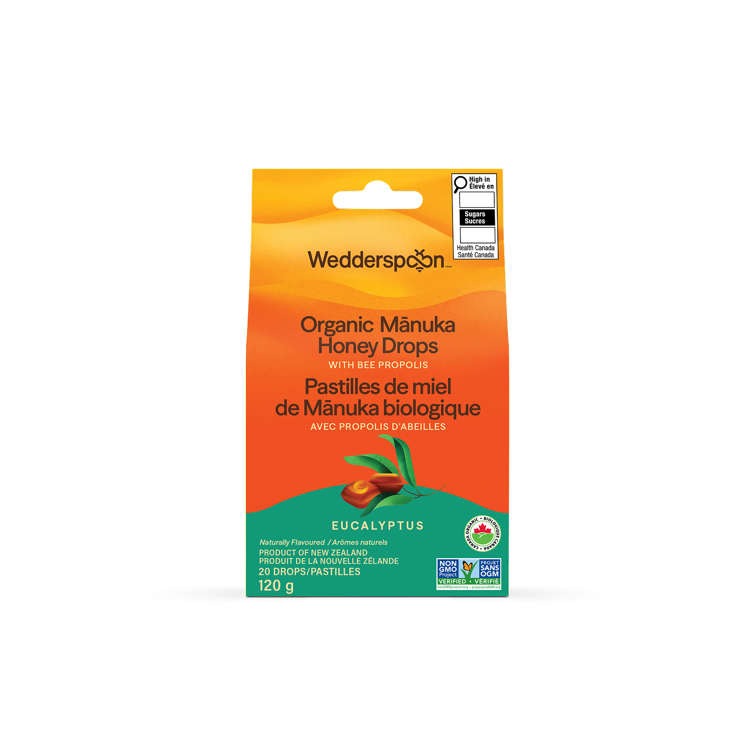 Wedderspoon Organic Manuka Honey Drops packaging on a white background