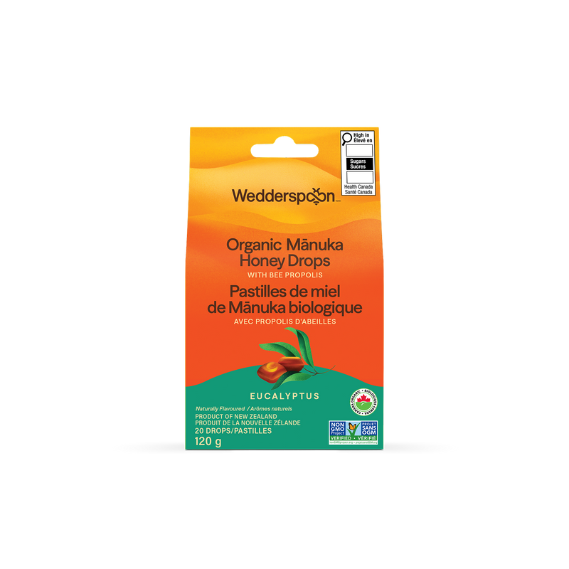 Wedderspoon Organic Manuka Honey Drops packaging on a white background
