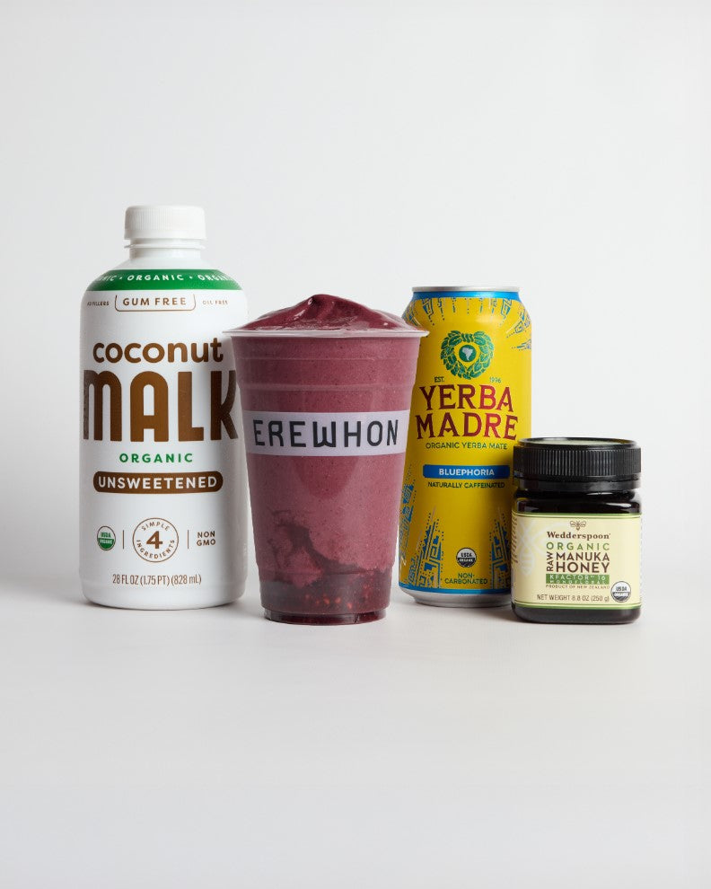 Instagram post from Wedderspoon with coconut malk bottle, erewhon smoothie, yerba madre drink, and a jar of manuka honey.