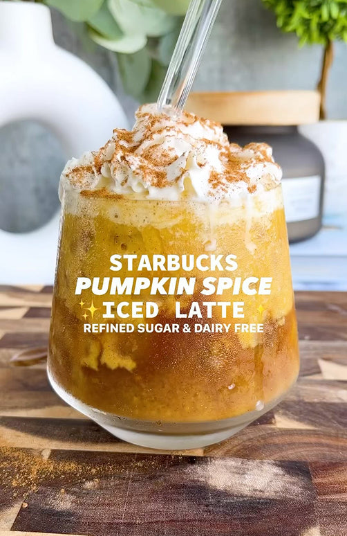 Instagram post. Pumpkin spice iced latte refine sugar and dairy free. Picture of a cup with a latte and whipped cream.